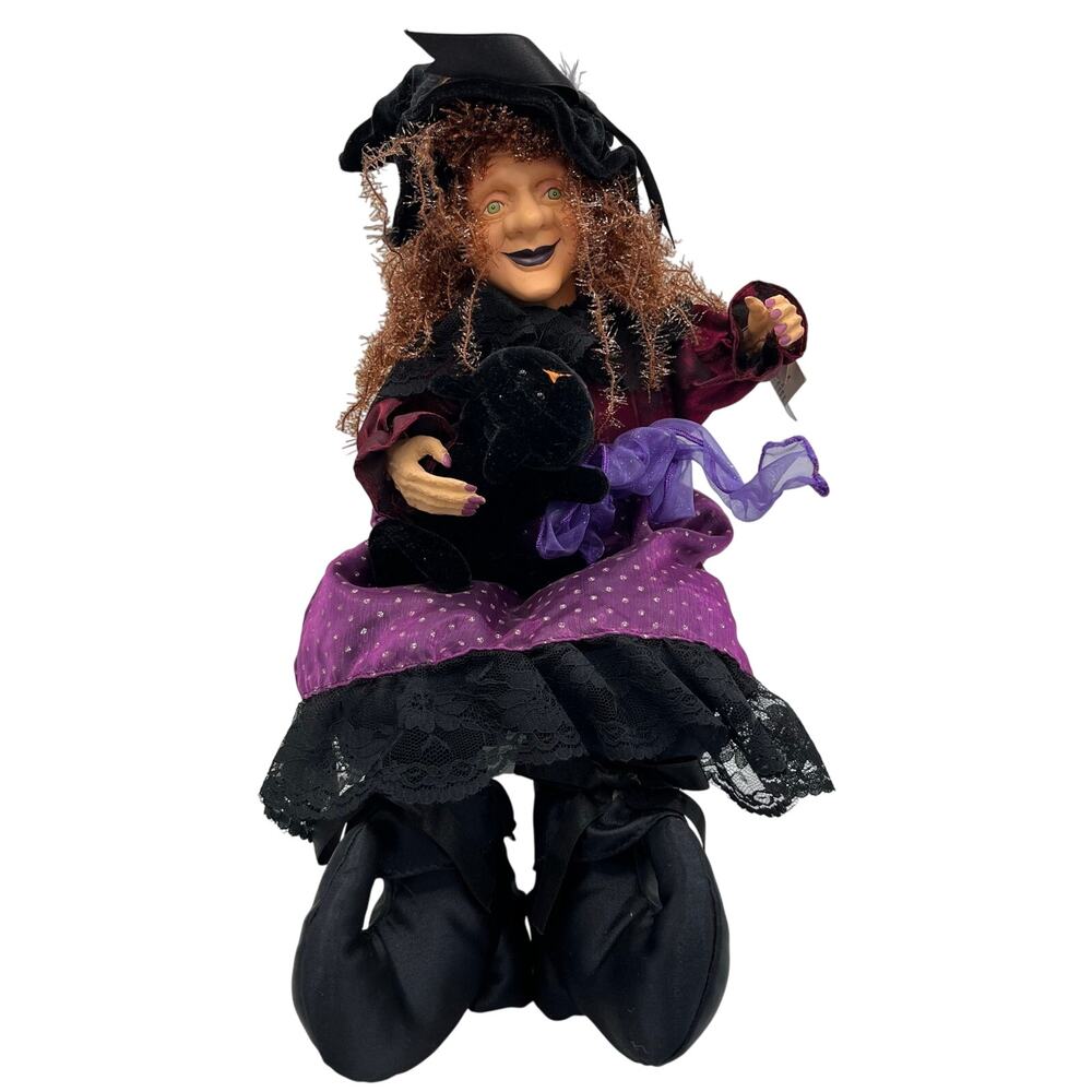 Vintage Witch Shelf Sitter Doll w/ Black Cat Ceramic Face Hands Spooky Hollow